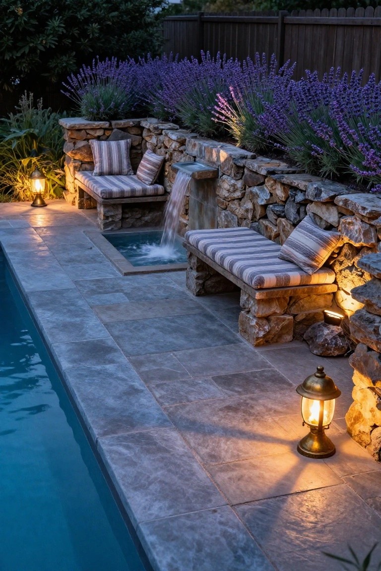 Nighttime photo of a poolside stone wall with spa, waterfall, cushioned benches, lavender plants, and lit brass lanterns along the edge of a lit blue pool.