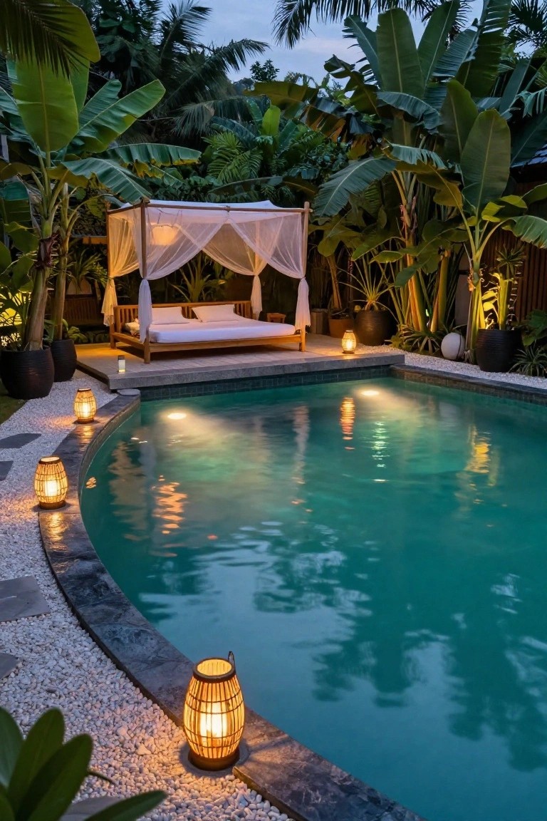 Curved outdoor pool at dusk lit by low rattan lanterns along the edge, with reflections in the water, a white canopy bed on a raised wooden platform nearby, and surrounding tropical plants and pebble ground cover.