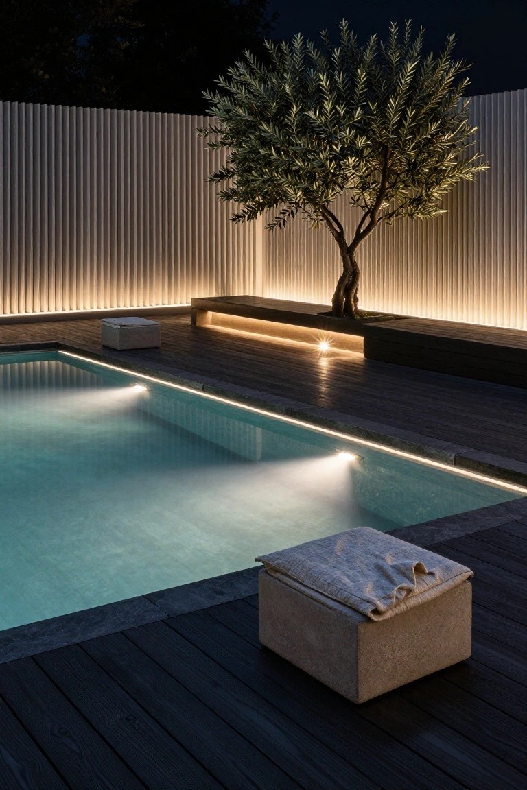 Nighttime photo of a rectangular pool with linear LED lights glowing along the edge, wooden deck, beige bench topped with a folded towel, built-in bench with underlighting, olive tree, and illuminated white slatted fence.