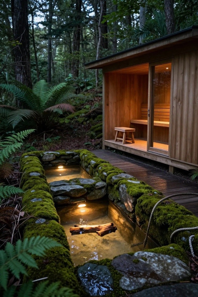 Wooden outdoor sauna structure with open glass doors and bench beside a rectangular moss-covered stone pool containing clear water, a wood log, and lit underwater lights, on a deck surrounded by ferns and forest trees.