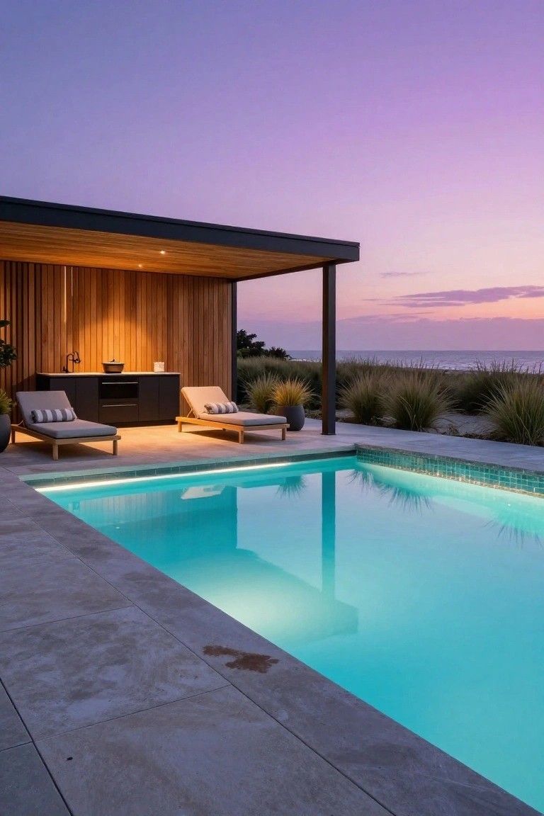 Outdoor infinity-edge pool with blue underwater lighting at dusk, next to a covered wooden pavilion with bar counter and lounge chairs, overlooking ocean dunes and grasses.