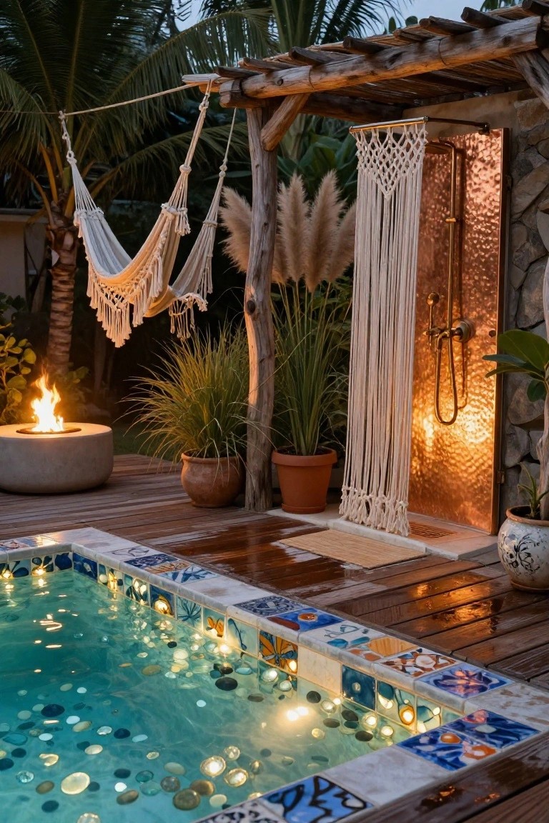 Small turquoise pool with blue and colorful tiled edges lit from below, illuminating submerged pebbles, on a wooden deck beside a concrete fire pit, hanging hammocks, potted plants, and a copper outdoor shower with white macrame curtain at dusk.