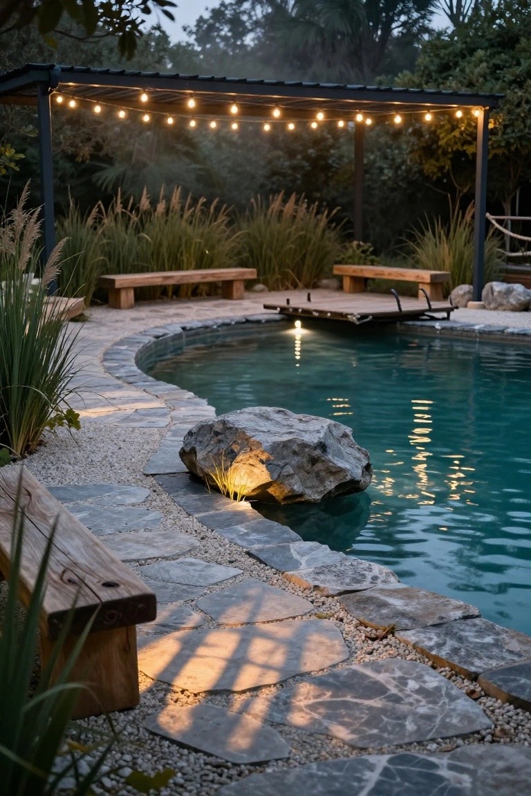 Curved turquoise pool at dusk under a black metal pergola with warm string lights overhead, wooden benches and dock nearby, tall grasses, gravel path, and spotlight on a large boulder at the pool edge.