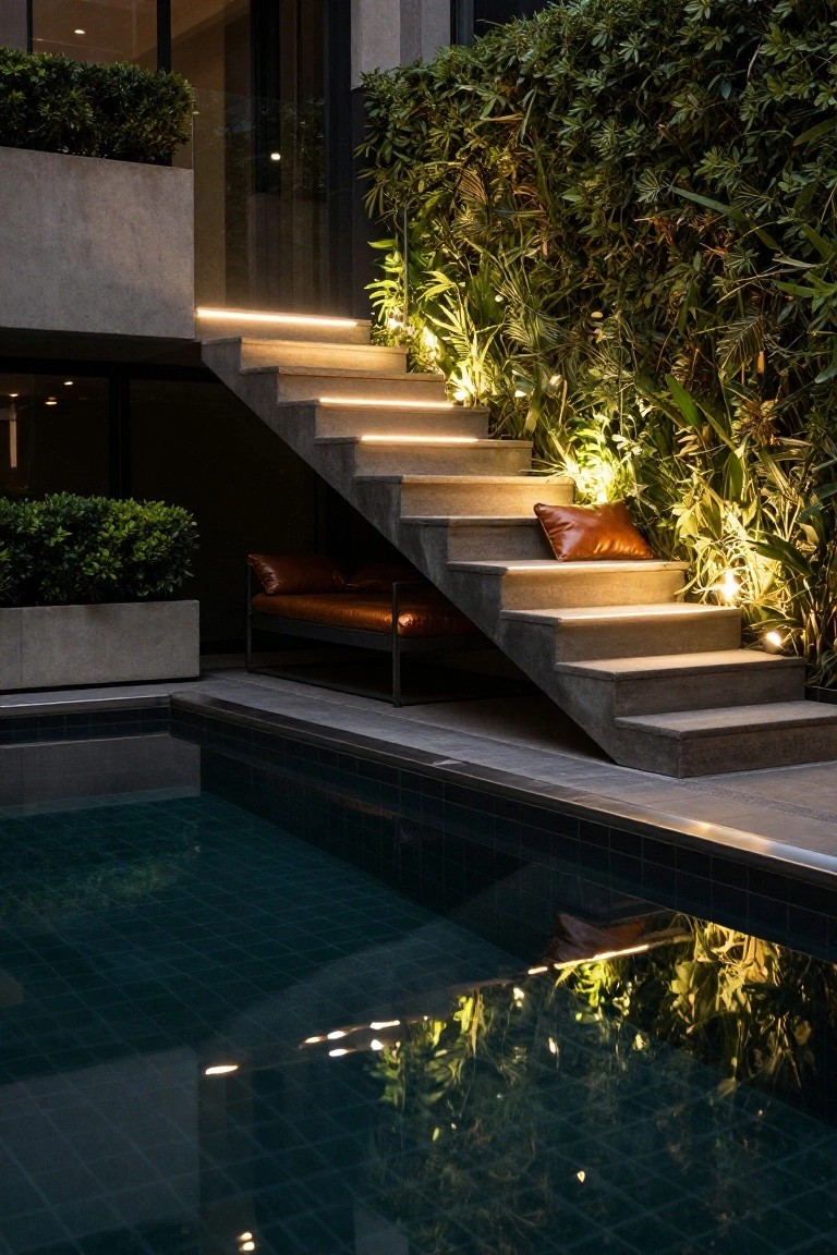 Concrete stairs beside a dark green-tiled pool, illuminated by thin LED strips along each step edge, with lush green plants uplit nearby and a low orange leather bench with cushions on the steps.