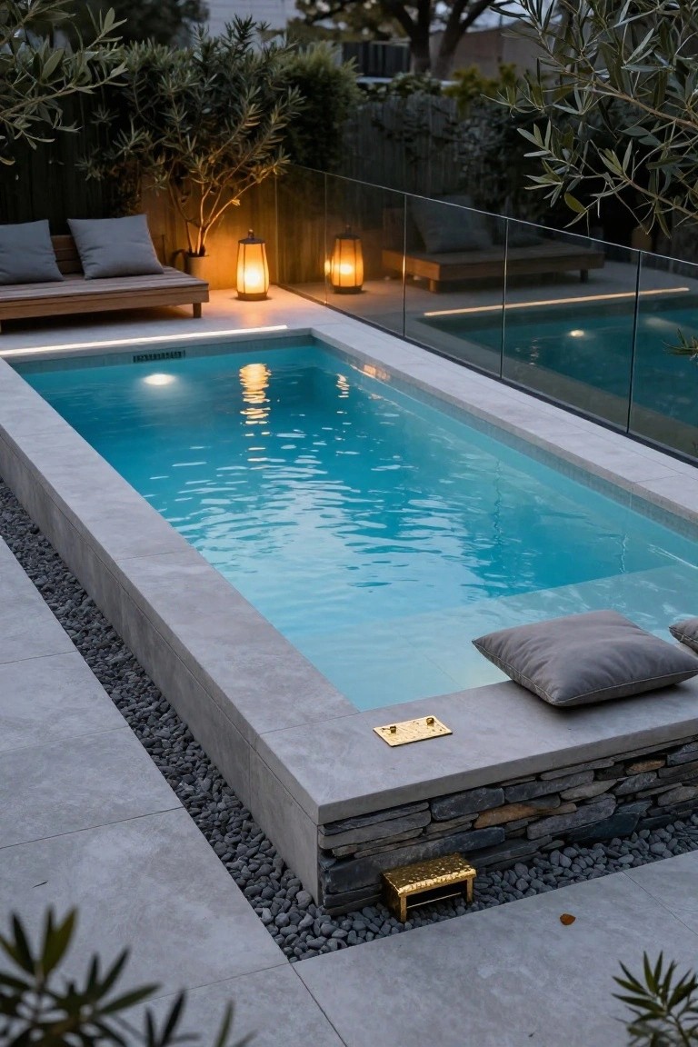 Rectangular pool with blue underwater edge lighting at dusk, gray stone decking and coping, glass fencing, wooden daybed with gray cushions, two lanterns, gold stool, and surrounding olive trees and pebbles.