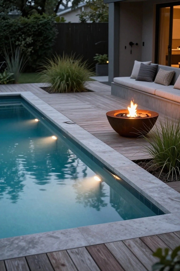 A rectangular pool with soft blue underwater lighting at dusk, adjacent wooden deck with a round concrete fire pit burning, low seating area, and surrounding grasses and plants.