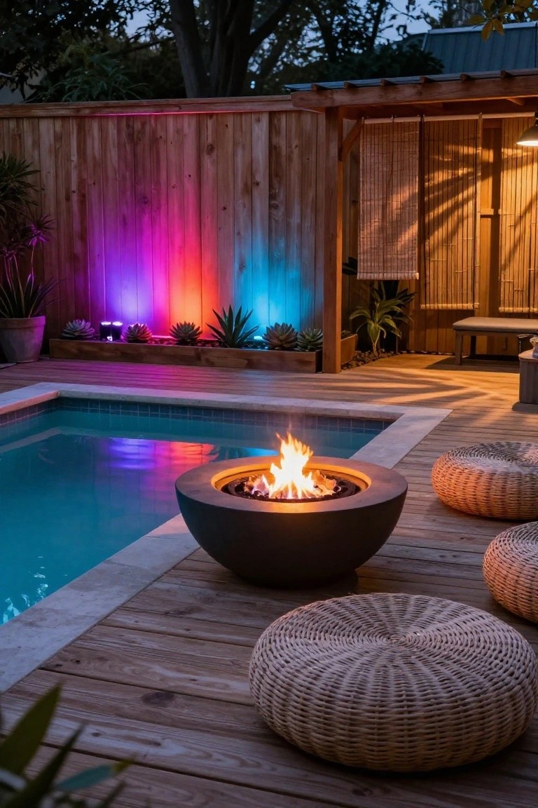 Backyard pool area at dusk with colorful LED lights in purple, pink, and blue on the wooden fence, a round concrete fire pit burning on the wooden deck beside the pool, woven pouf seats, potted succulents, and a bamboo screen structure.