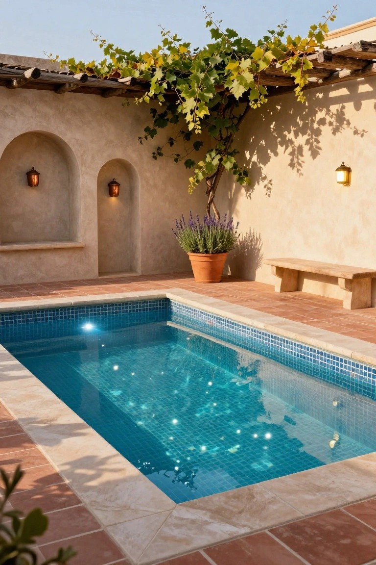 Small rectangular pool with blue mosaic tiles edged in beige stone, surrounded by terracotta patio tiles, beige stucco walls with arched niches holding copper lanterns, a potted lavender plant, wooden bench, and grapevines on overhead pergola.