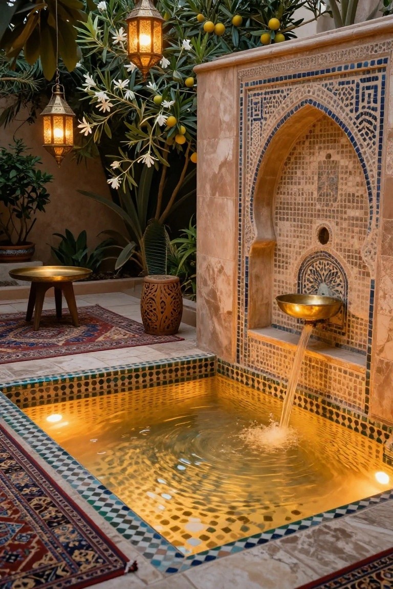 A small rectangular pool with warm golden underwater lighting and a brass fountain pouring water into it, set in a Moroccan-style courtyard with tiled walls, potted plants, hanging lanterns, rugs, and low brass tables and stools.