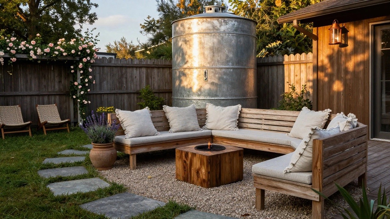 25 Upgraded Stock Tank Pool Ideas For A Big Style Boost Galvanized metal stock tank partially filled with water and a central fire feature in a backyard gravel area, surrounded by wooden benches, rattan loungers, pillows, a lavender plant in a pot, stepping stones on grass, and climbing white roses on a wooden fence.