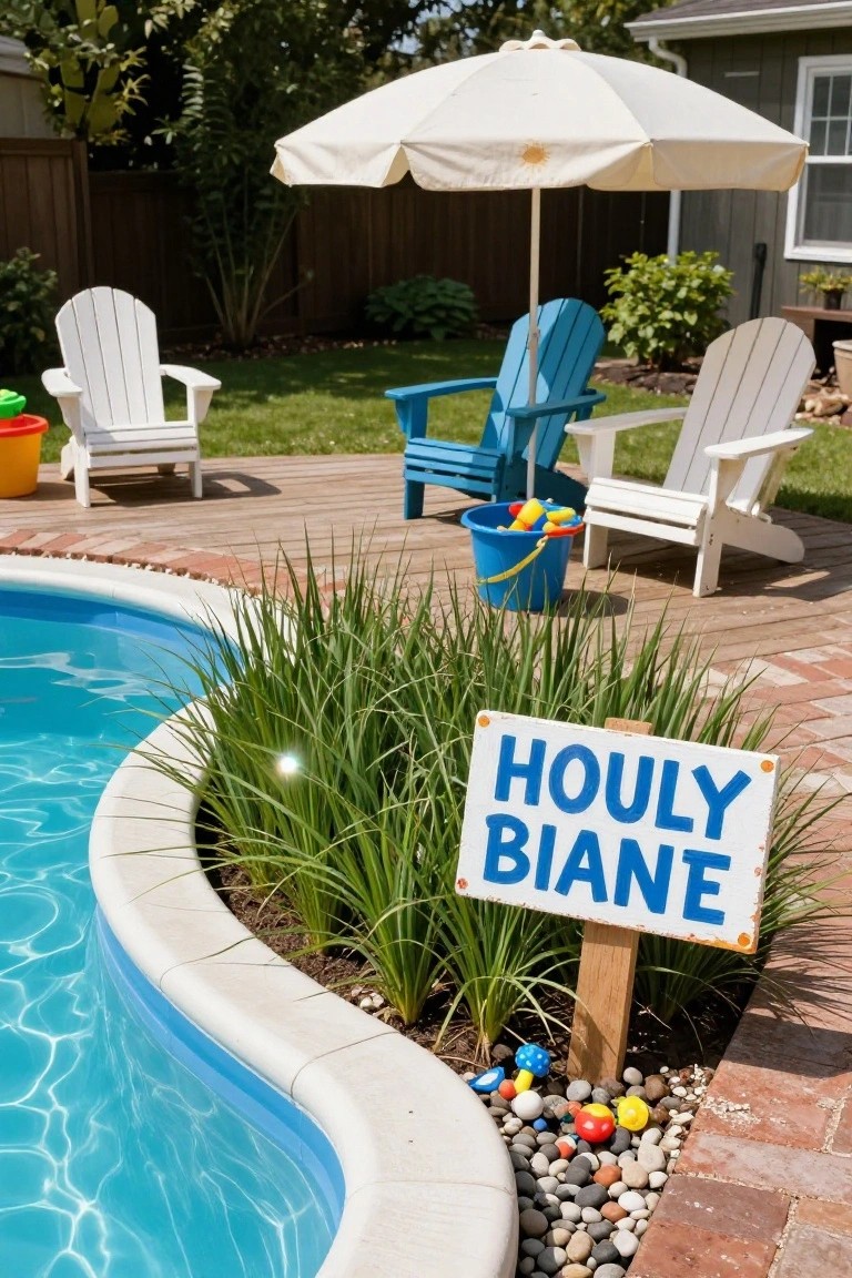 25 Upgraded Stock Tank Pool Ideas For A Big Style Boost Curved blue stock tank pool in a backyard deck area edged with tall grasses, pebbles, and plants, Adirondack chairs in white and blue, white umbrella with sun emblem, beach toys, buckets, and a sign reading "HOULY BIANE".