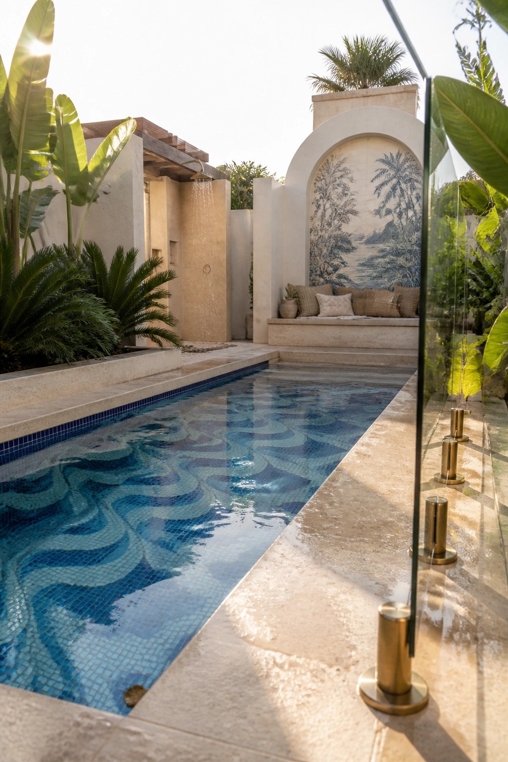 A narrow rectangular swimming pool with blue mosaic tile bottom, an outdoor shower on the left wall, and a built-in stone bench with cushions at the far end under a decorative arched tile mural.