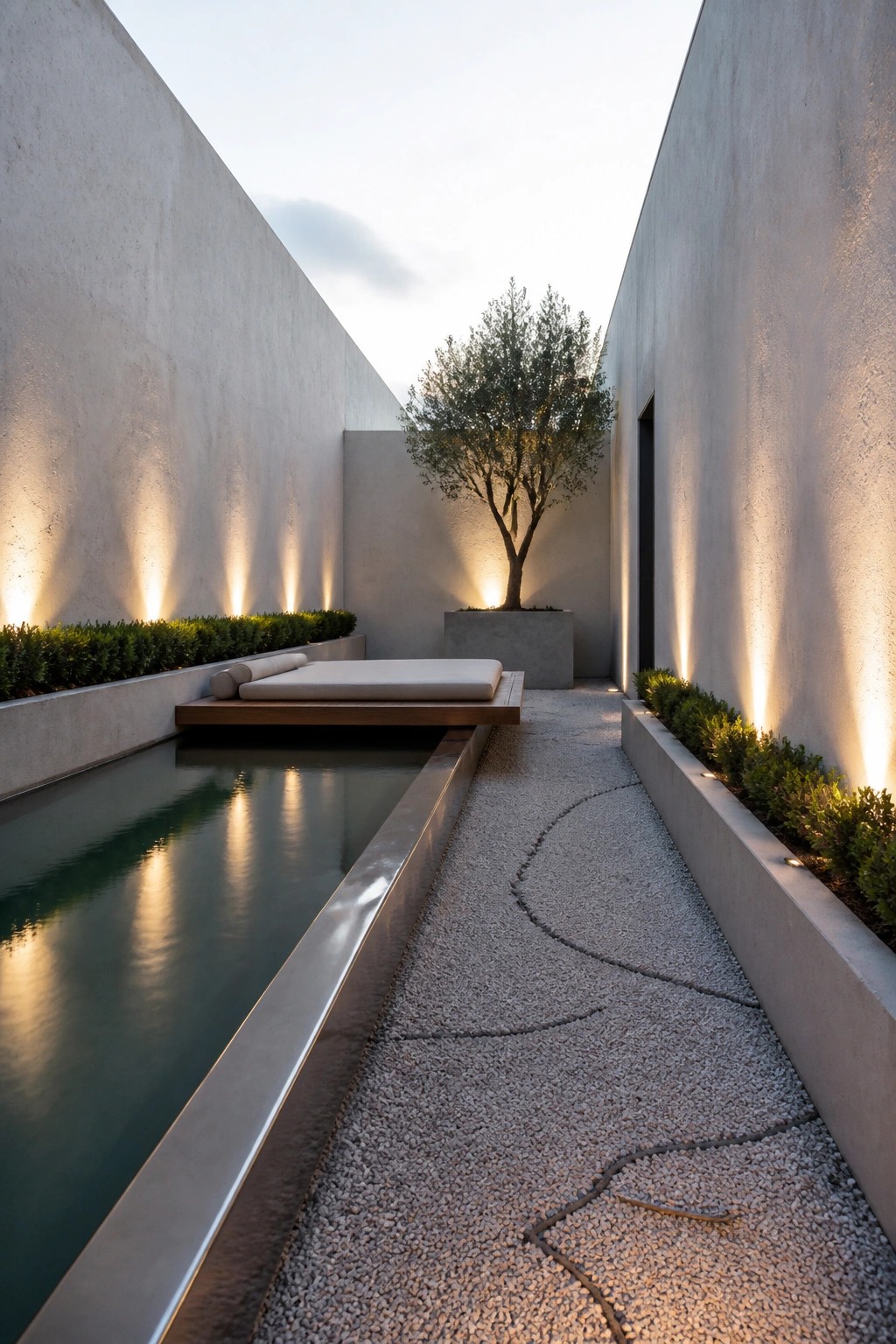 A narrow rectangular pool sits between tall concrete walls, with a wooden platform holding a cushioned daybed spanning part of the water and a gravel path running alongside.