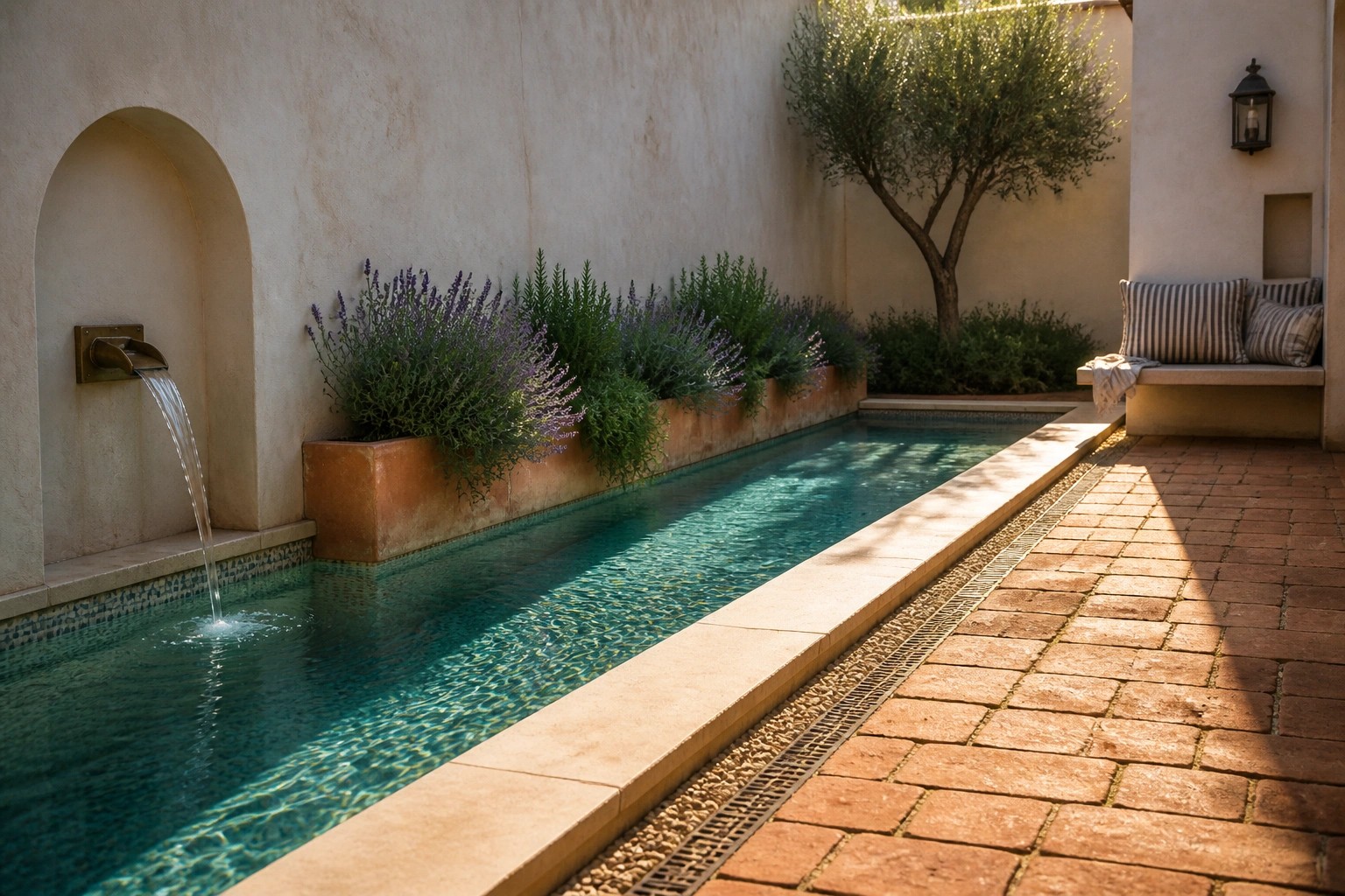 A narrow rectangular pool runs along a stucco wall with a metal spout pouring water, an arched niche holding a cushioned bench, and a brick path beside terracotta pots and lavender.