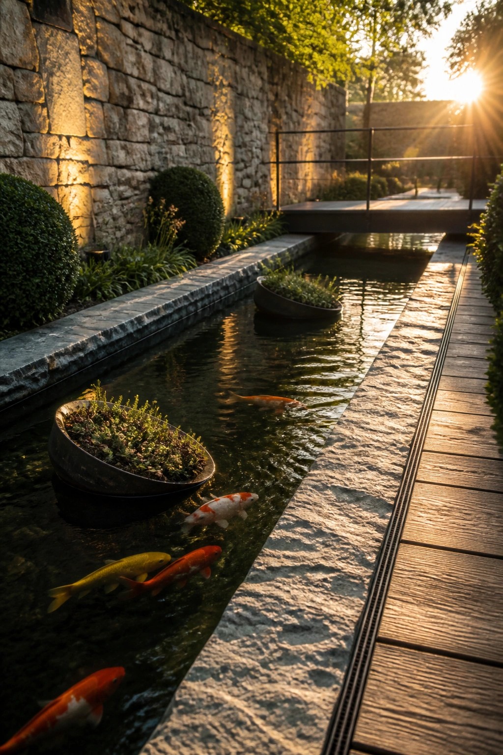A long narrow pool with koi fish, floating plant bowls, a stone wall on one side, and a wooden deck on the other.