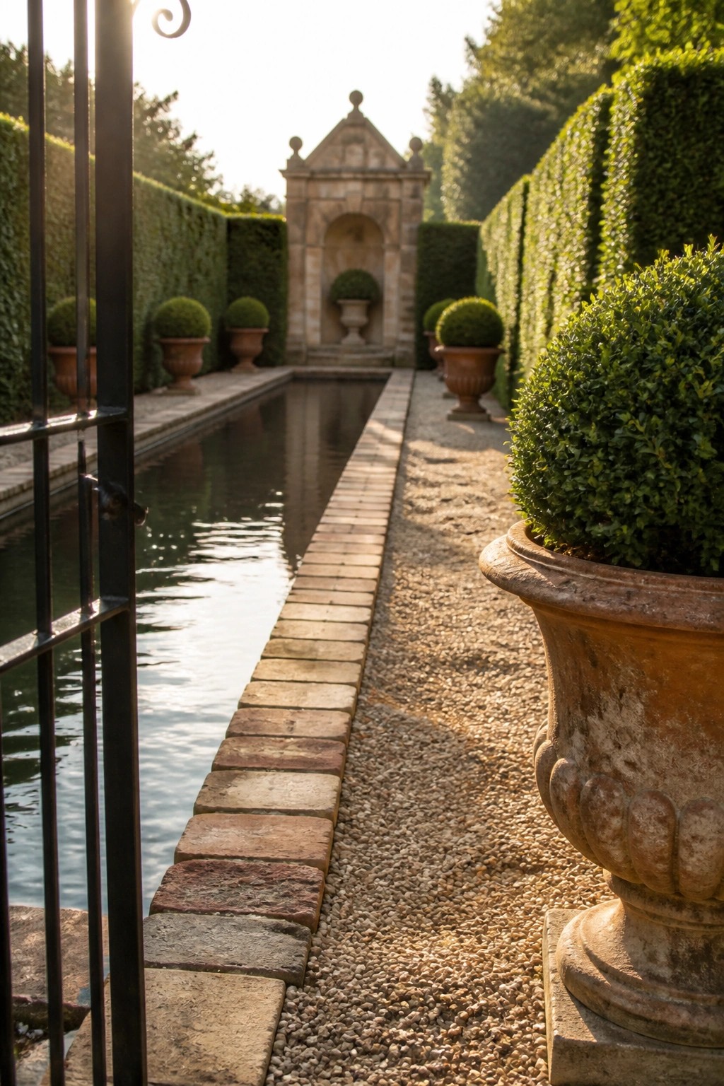 Formal garden with long reflecting pool, gravel path, iron gate, and stone pavilion