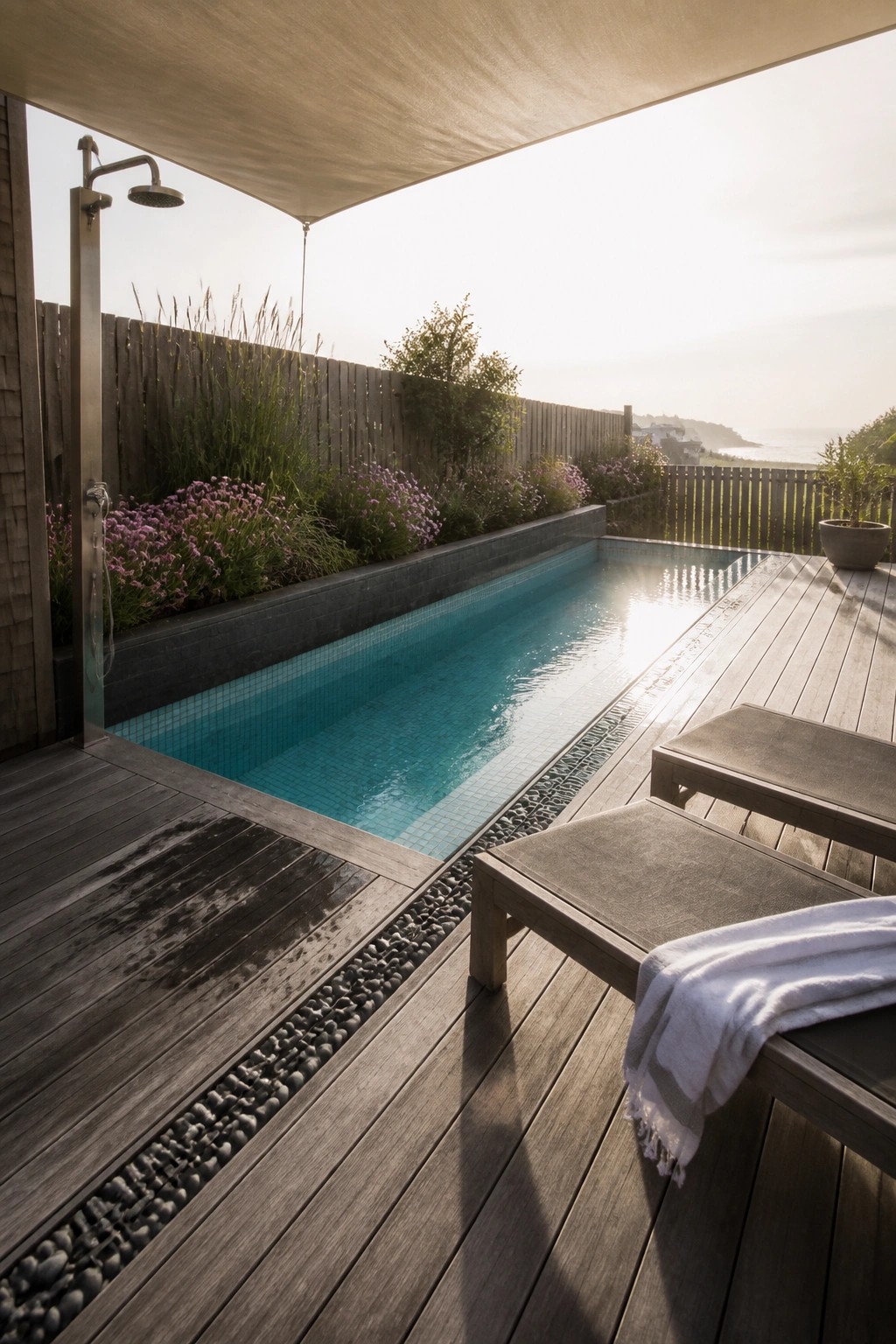 A narrow rectangular pool with turquoise tiles runs alongside a wooden deck with two lounge chairs, an outdoor shower on the left, and flowering plants behind a low wall.