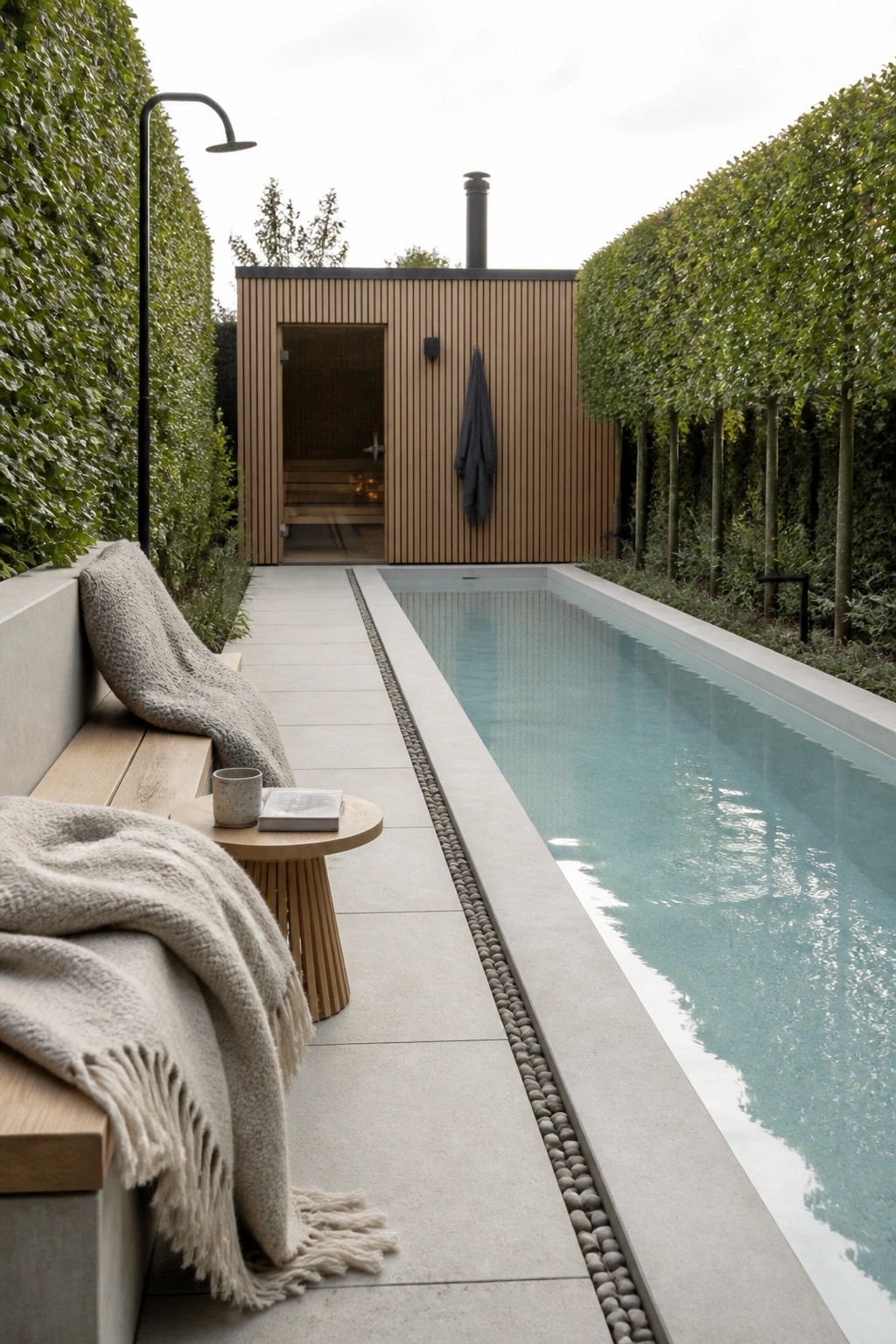 A long narrow lap pool runs beside a concrete path with a wooden structure at the end and tall hedges lining both sides of the yard.
