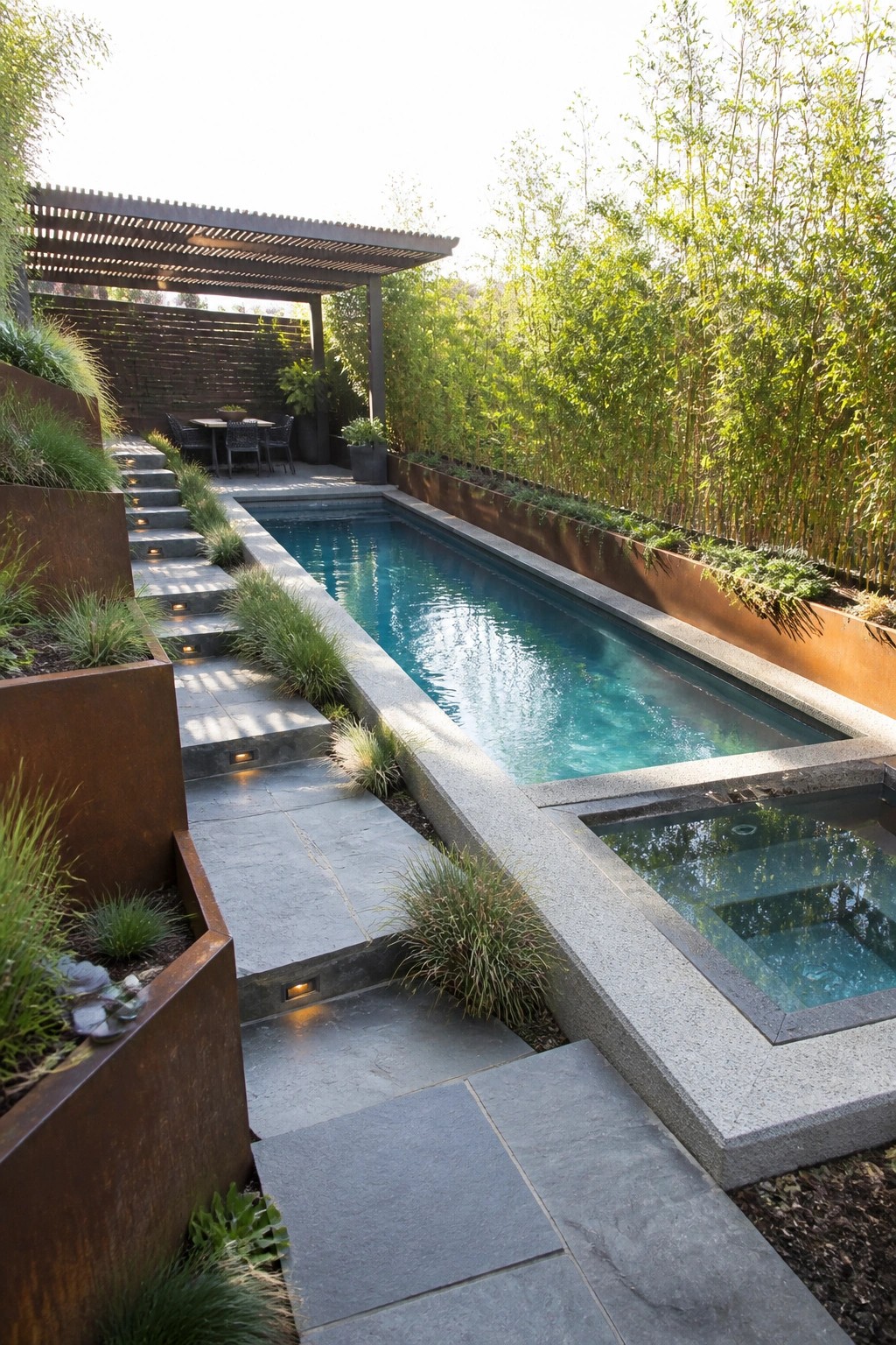 A long narrow rectangular pool with a smaller attached spa, stone decking and steps on one side, a metal pergola, and tall bamboo along the fence.