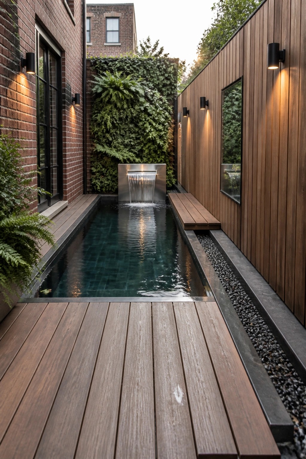 Narrow pool with waterfall, wooden decking, brick and wood walls, living greenery.