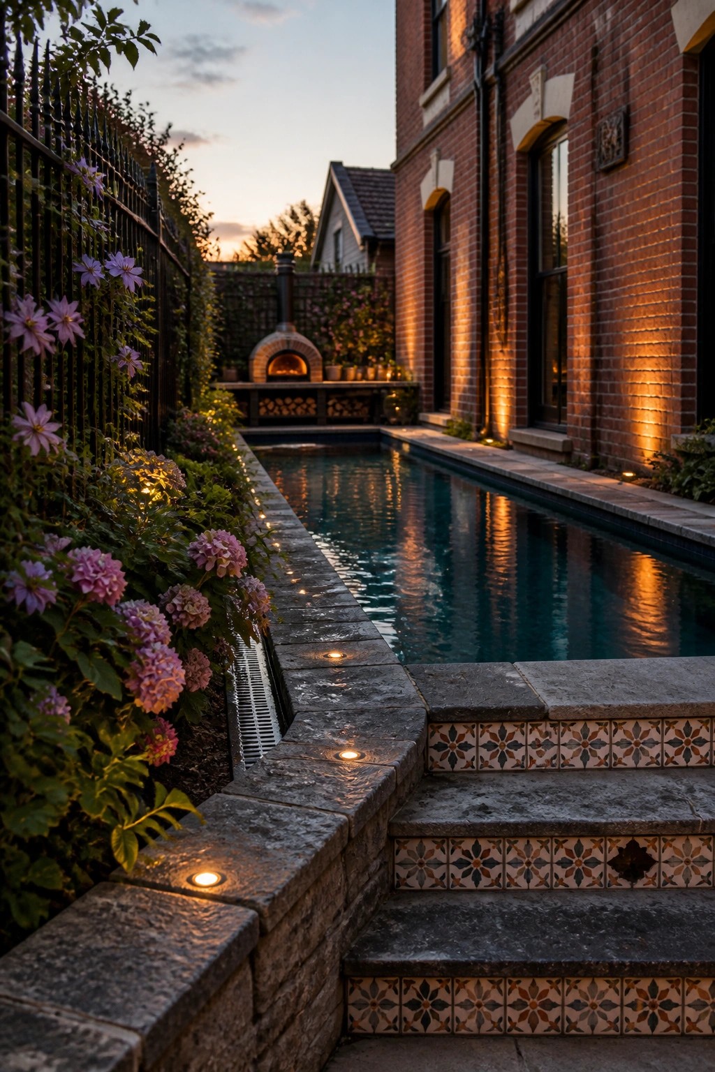 Narrow pool with tiled stone steps, brick house, and flower garden at dusk.