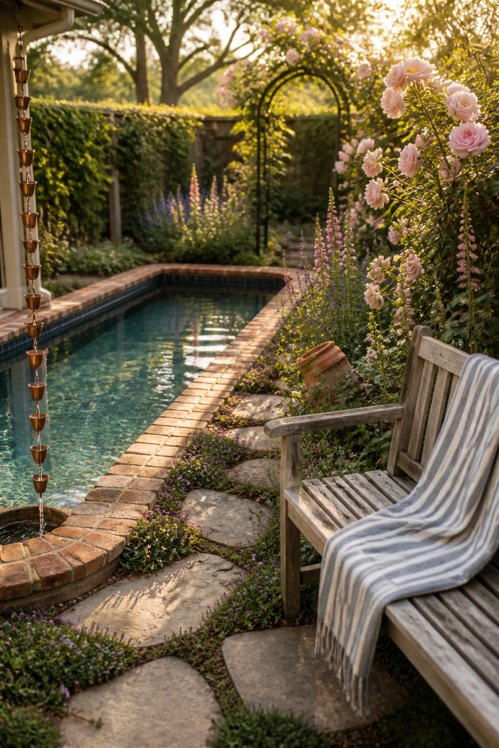 A narrow rectangular pool with brick edging runs beside a stone path, flowers, and a wooden bench in a garden.