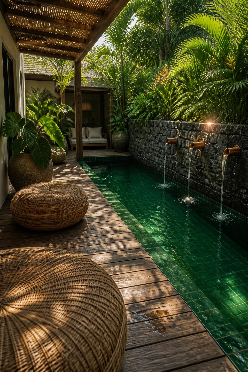 A narrow rectangular pool with green tiles runs beside a dark stone wall fitted with three copper spouts, next to a wooden deck with round woven seats and tropical plants.