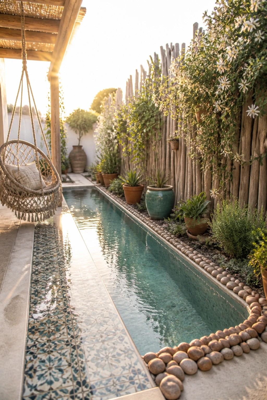 A long narrow pool runs beside a wooden fence lined with potted plants, with a tiled walkway and hanging chair on the left side.