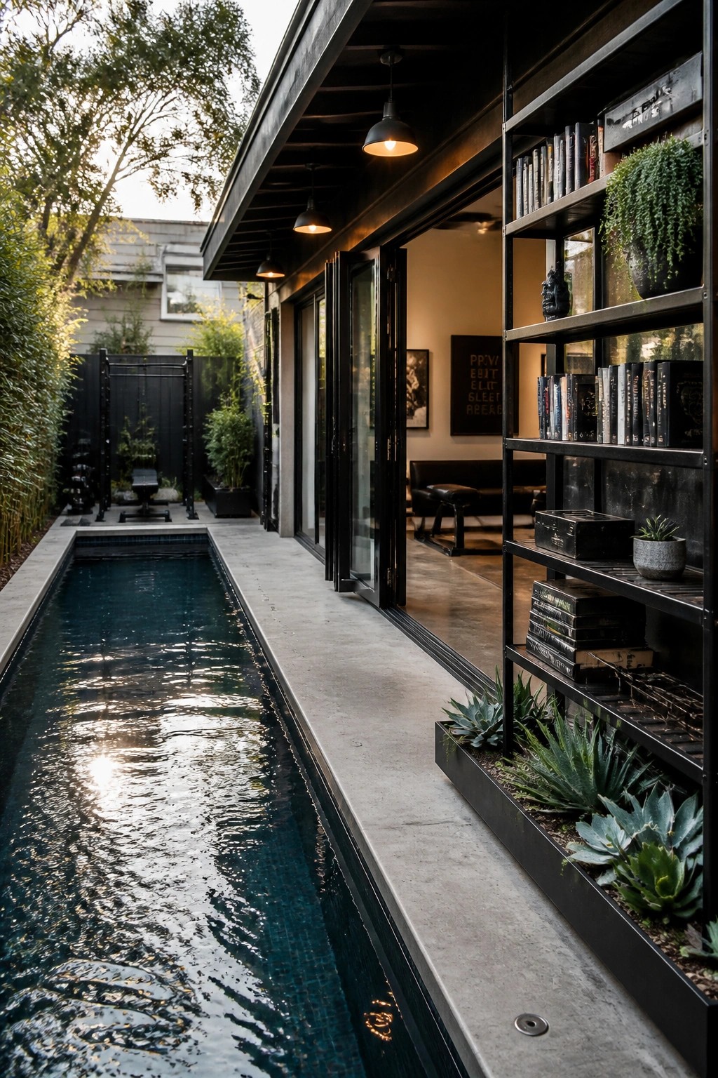 A long narrow lap pool runs alongside a modern house with large open sliding doors and a tall metal bookshelf on the concrete patio.