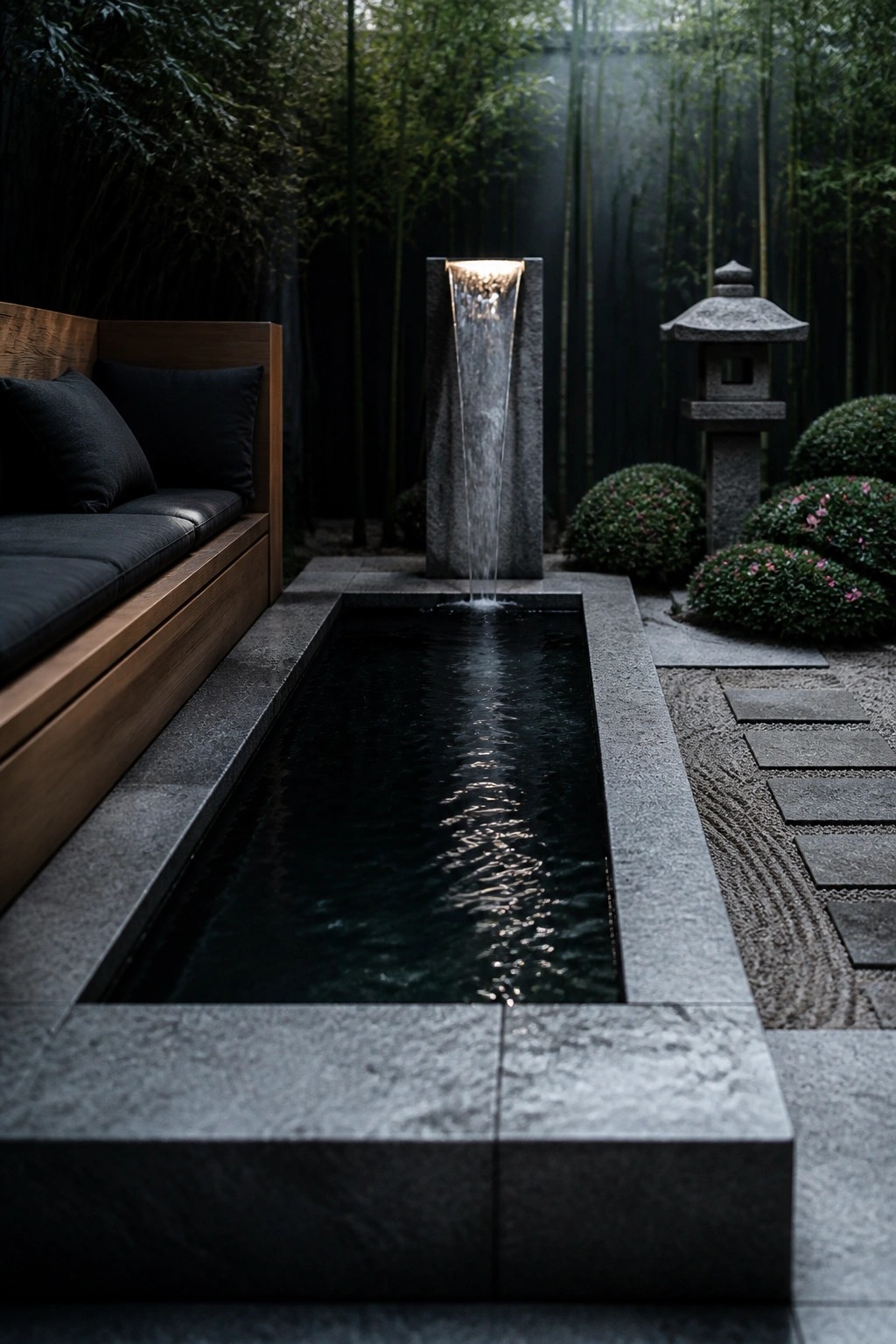 A narrow rectangular pool with a tall stone water wall at the far end, a wooden bench with black cushions along one side, and raked gravel with stone pavers on the right.