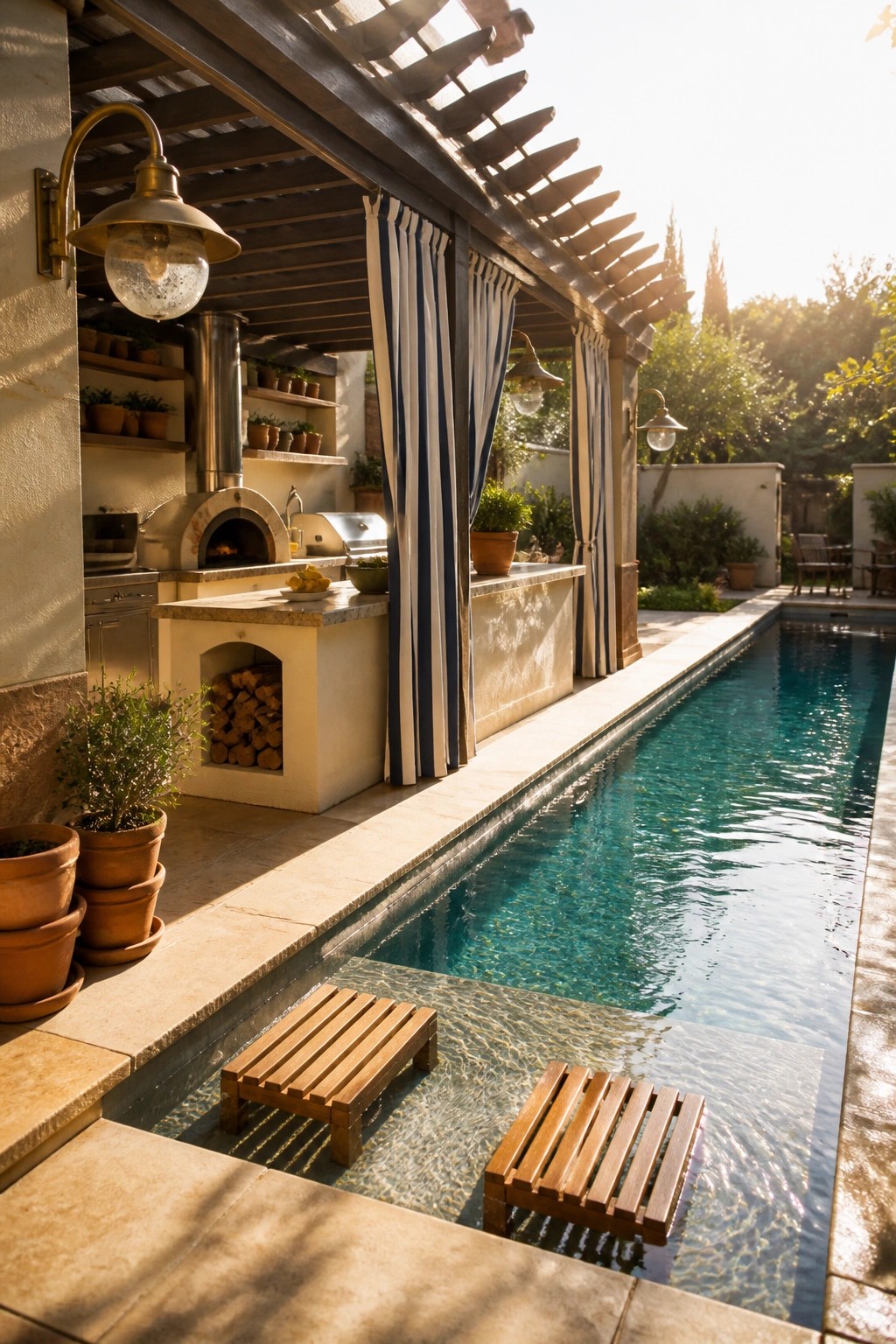 A narrow rectangular pool runs alongside a covered outdoor kitchen with a stone pizza oven, stainless grill, and striped curtains under a wooden pergola, with wooden steps leading into the water.