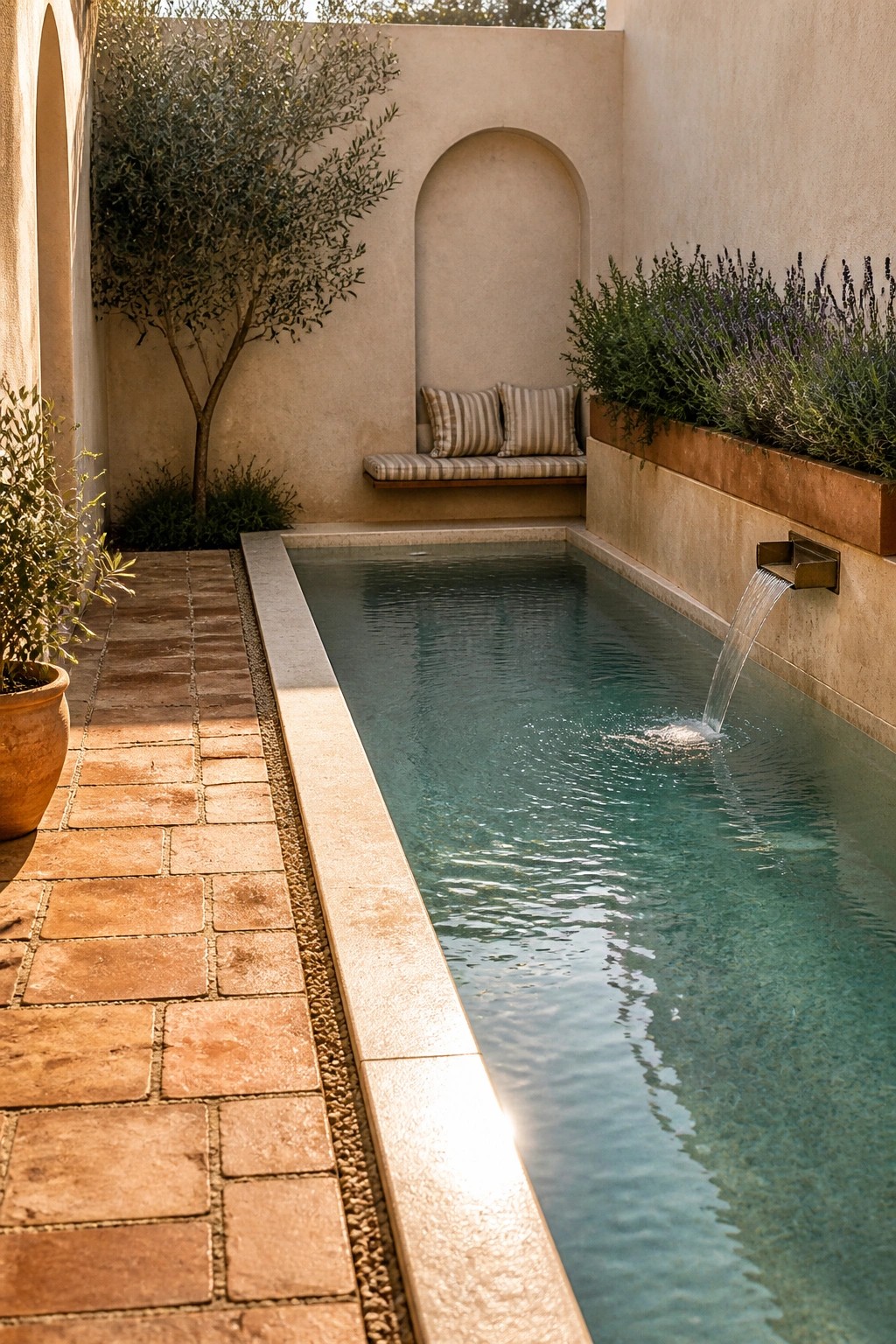 A narrow rectangular pool runs along a stucco wall with a metal spout pouring water, an arched niche holding a cushioned bench, and a brick path beside terracotta pots and lavender.