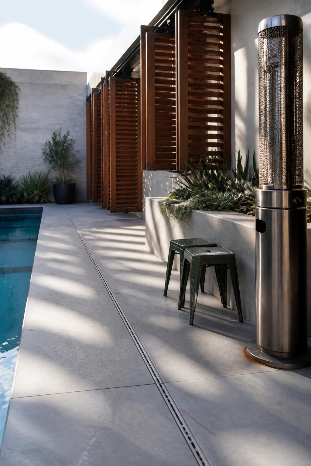 18 Clever Pool Shade Cover Ideas That Provide Adjustable Sun Protection Modern patio with pool, green stools, metal heater, and wooden screens