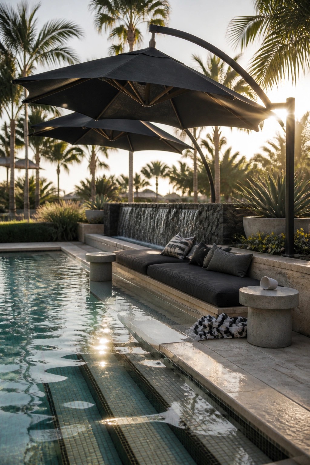 18 Clever Pool Shade Cover Ideas That Provide Adjustable Sun Protection A large black cantilever umbrella shades a built-in lounge next to a swimming pool with a stone water feature behind it.