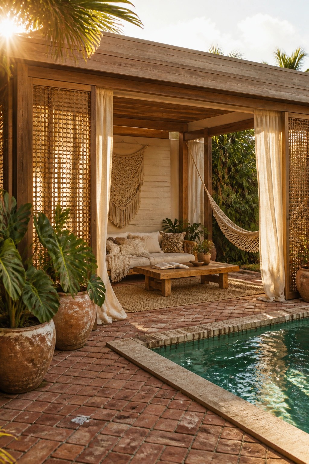 18 Clever Pool Shade Cover Ideas That Provide Adjustable Sun Protection A wooden poolside pergola with white sheer curtains, a lounge area with cushions, a hammock, potted plants, and an adjacent swimming pool on a brick patio.
