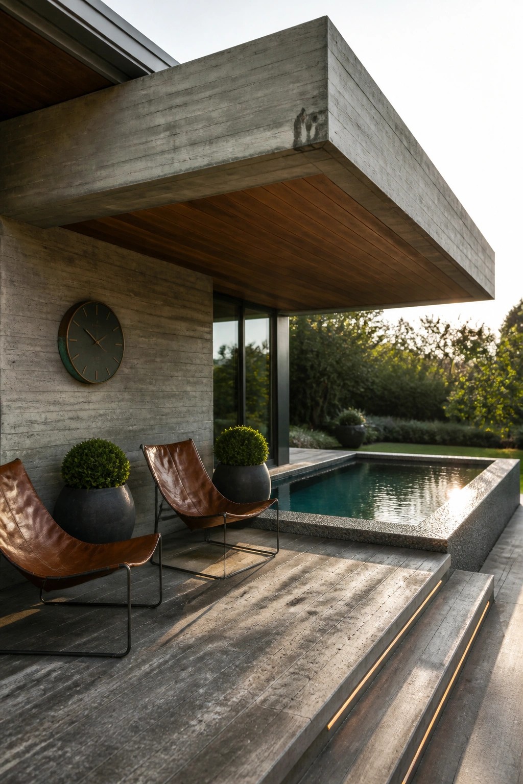 18 Clever Pool Shade Cover Ideas That Provide Adjustable Sun Protection Modern concrete house with a wide overhanging roof shading a wooden deck next to a rectangular swimming pool, two brown leather chairs, and large potted plants.