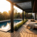 An outdoor pool deck with a wooden lounge chair under a slatted metal pergola, a fire pit nearby, and a rectangular pool in the background.