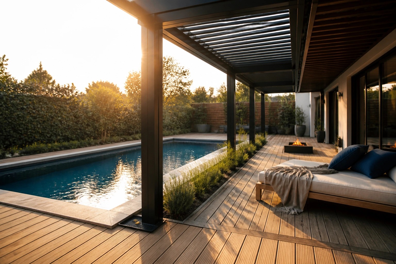 An outdoor pool deck with a wooden lounge chair under a slatted metal pergola, a fire pit nearby, and a rectangular pool in the background.