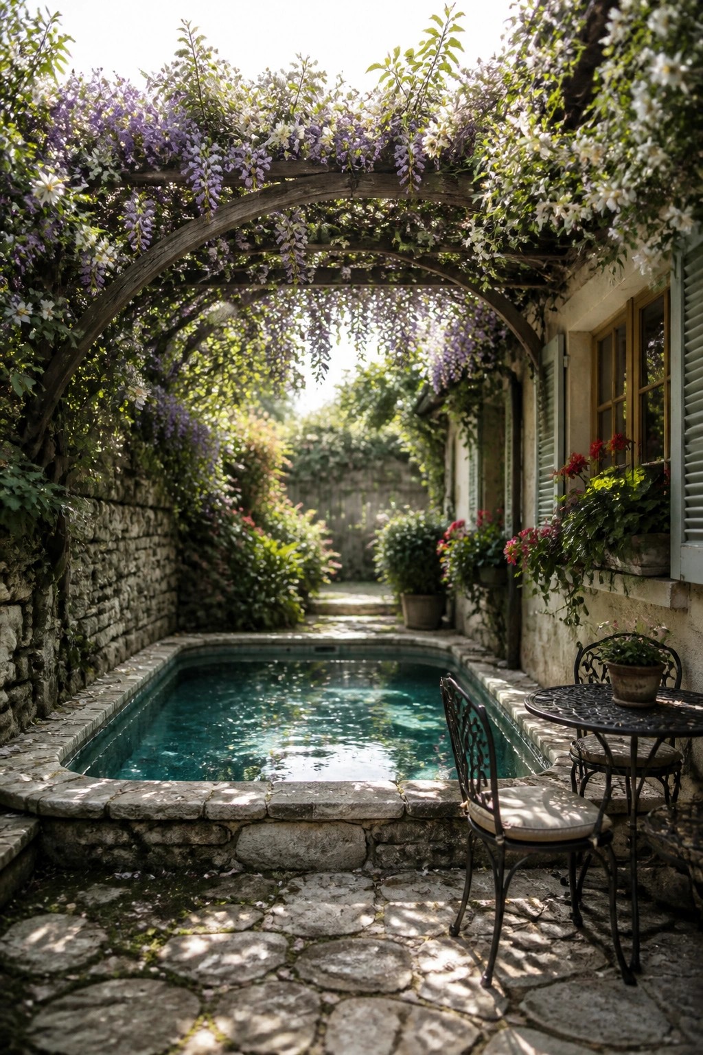 18 Clever Pool Shade Cover Ideas That Provide Adjustable Sun Protection A rectangular pool with turquoise water sits under a wooden arch draped in purple and white flowering vines, next to a stone wall and a small metal table with chairs on a cobblestone patio.