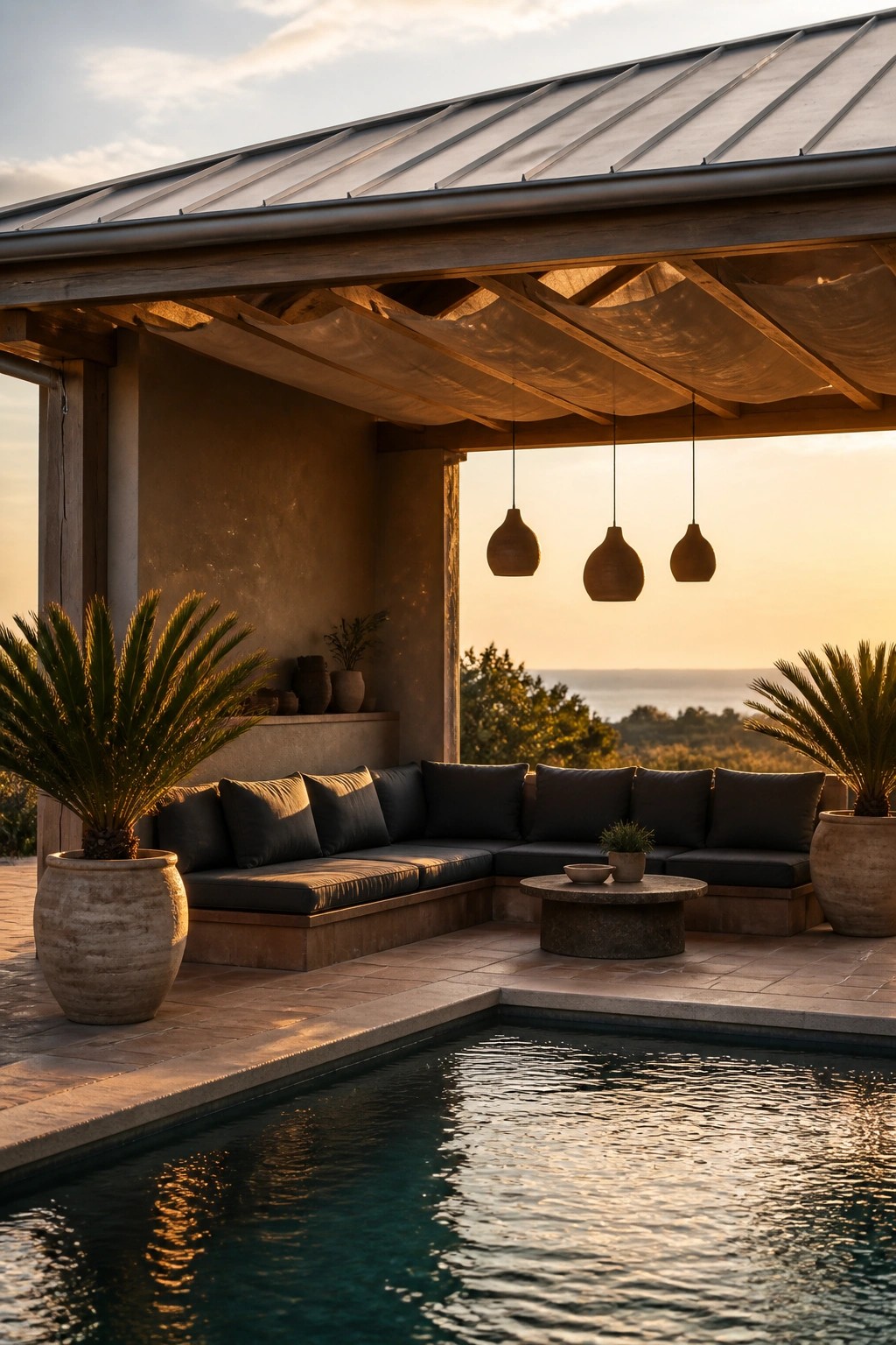 18 Clever Pool Shade Cover Ideas That Provide Adjustable Sun Protection Outdoor seating area beside a pool with dark cushions, hanging fabric shades, and three pendant lights under a wooden structure.