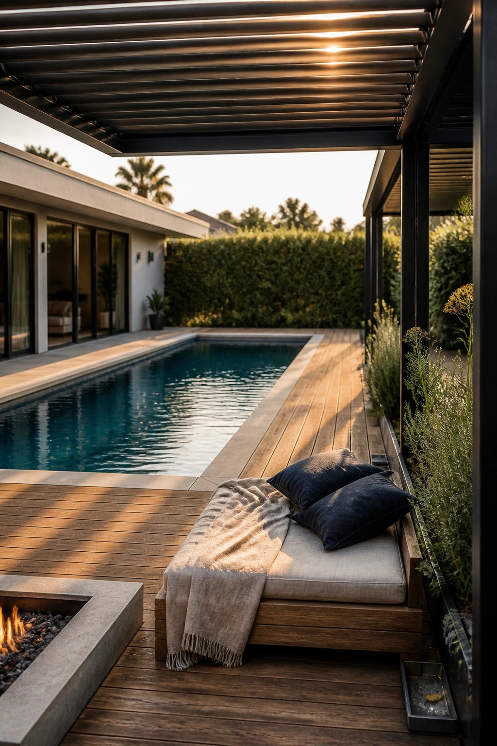 18 Clever Pool Shade Cover Ideas That Provide Adjustable Sun Protection An outdoor pool deck with a wooden lounge chair under a slatted metal pergola, a fire pit nearby, and a rectangular pool in the background.