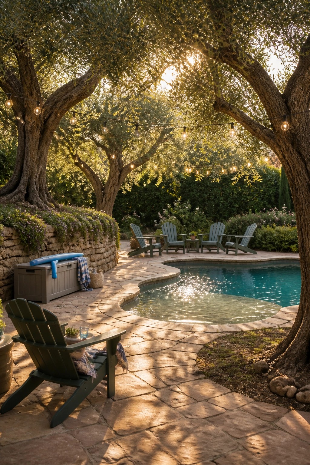 18 Clever Pool Shade Cover Ideas That Provide Adjustable Sun Protection A backyard pool surrounded by large trees with string lights hung between branches and several green Adirondack chairs on a stone patio.