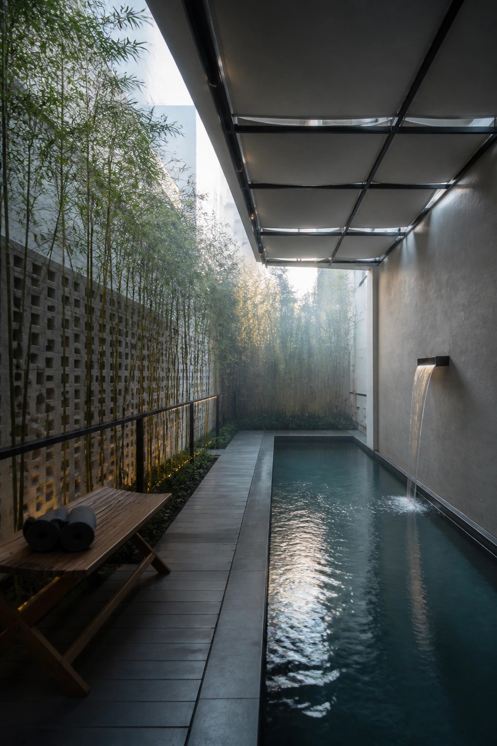 18 Clever Pool Shade Cover Ideas That Provide Adjustable Sun Protection A long narrow pool under a grid of rectangular overhead panels, with a wall-mounted water spout on the right and tall bamboo growing along the left side.