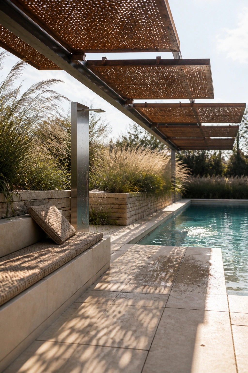 18 Clever Pool Shade Cover Ideas That Provide Adjustable Sun Protection A poolside area with layered perforated metal shade panels mounted overhead above a stone deck and built-in bench.
