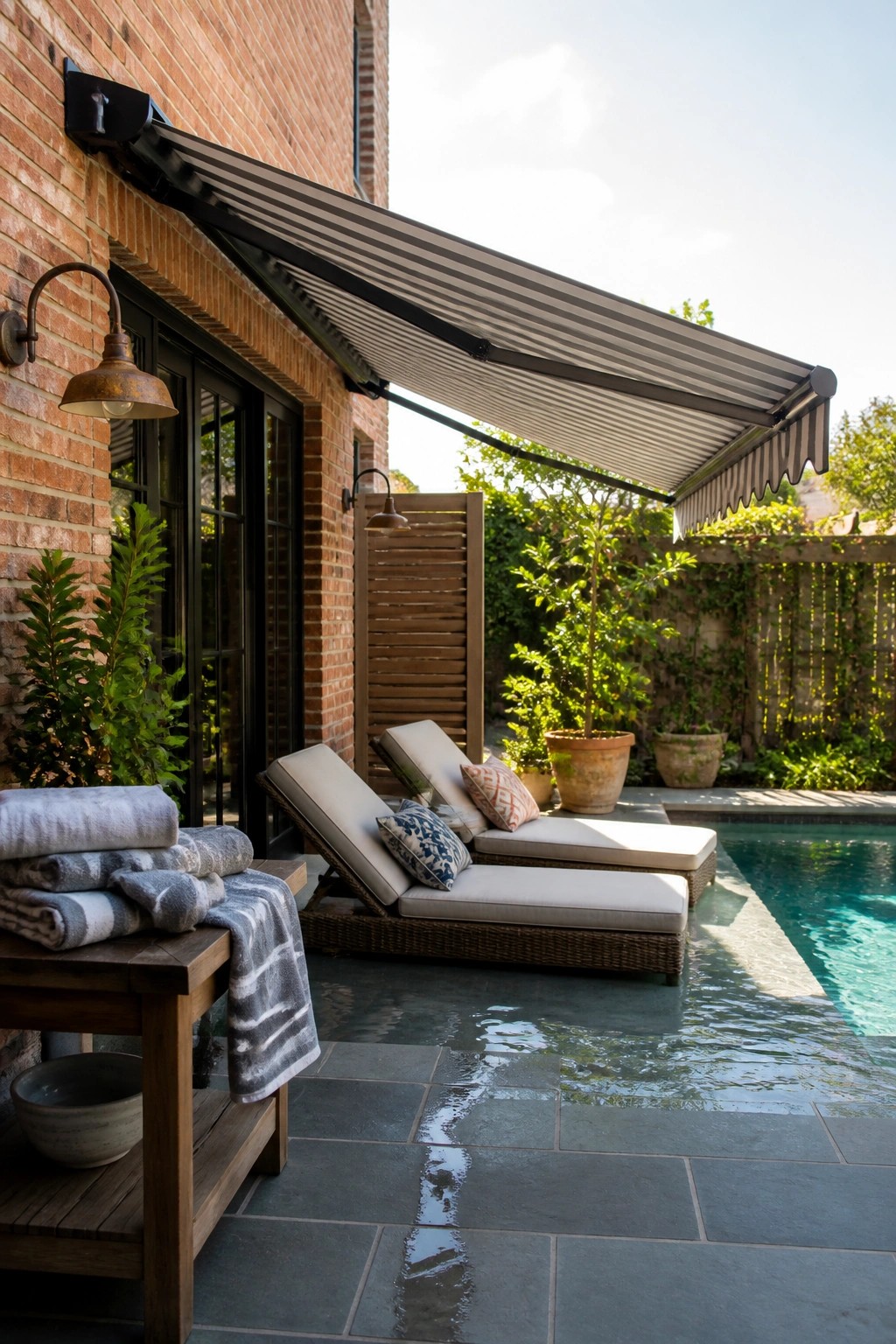18 Clever Pool Shade Cover Ideas That Provide Adjustable Sun Protection A striped retractable awning extended over two lounge chairs next to a swimming pool on a stone patio beside a brick house.