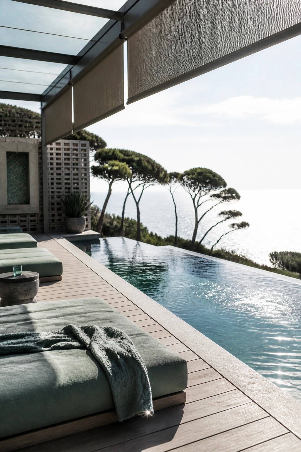 18 Clever Pool Shade Cover Ideas That Provide Adjustable Sun Protection Modern infinity pool with green lounge chairs on a wood deck and large retractable mesh shade panels mounted overhead.