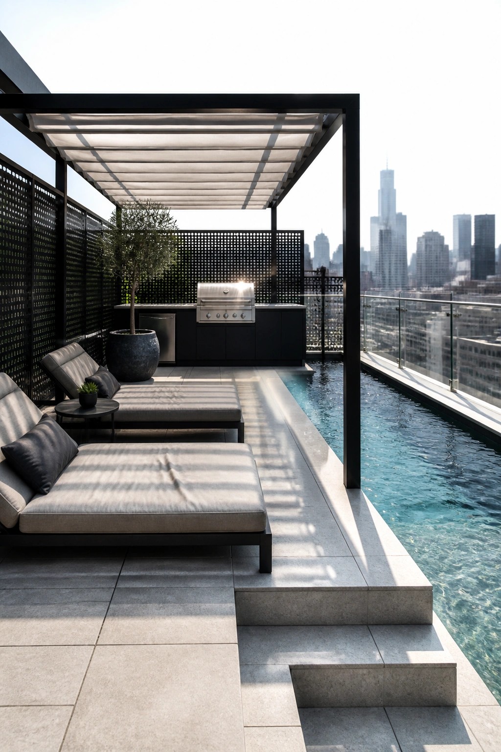 18 Clever Pool Shade Cover Ideas That Provide Adjustable Sun Protection A modern rooftop terrace with a black pergola holding retractable white fabric shades, two lounge chairs, a small tree in a pot, and a long pool next to an outdoor kitchen area overlooking a city skyline.