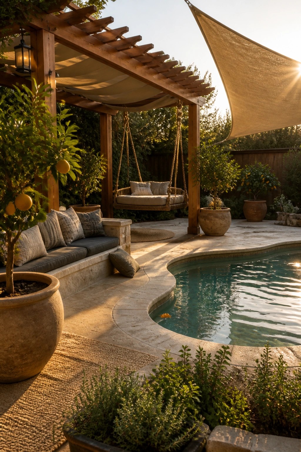 18 Clever Pool Shade Cover Ideas That Provide Adjustable Sun Protection A backyard pool area with a wooden pergola featuring hanging fabric shades, a large triangular shade sail overhead, a hanging swing seat, potted citrus trees, and built-in bench seating along a curved stone patio.