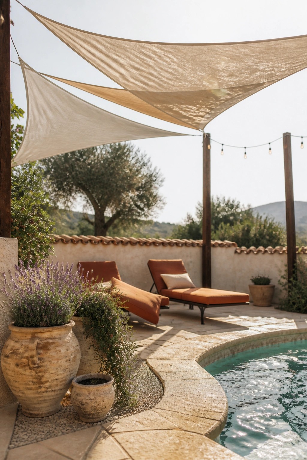 18 Clever Pool Shade Cover Ideas That Provide Adjustable Sun Protection A poolside patio with two orange lounge chairs under layered beige shade sails, surrounded by terracotta pots and a curved stone pool edge.