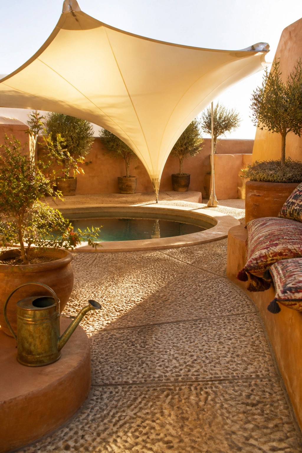 18 Clever Pool Shade Cover Ideas That Provide Adjustable Sun Protection Sunlit courtyard with round pool, beige shade sail, potted trees, and stone path